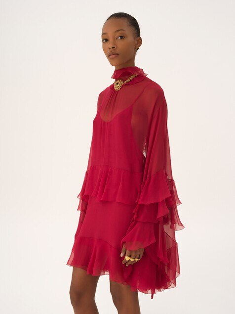 Ruffled mini dress in silk mousseline