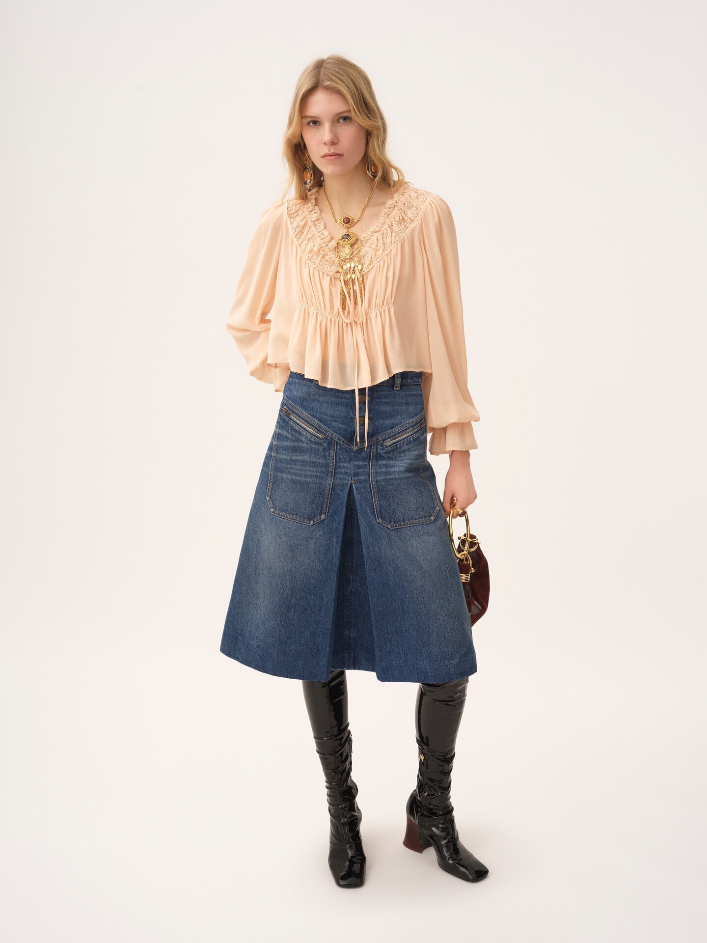 Knee-length skirt in denim - 3