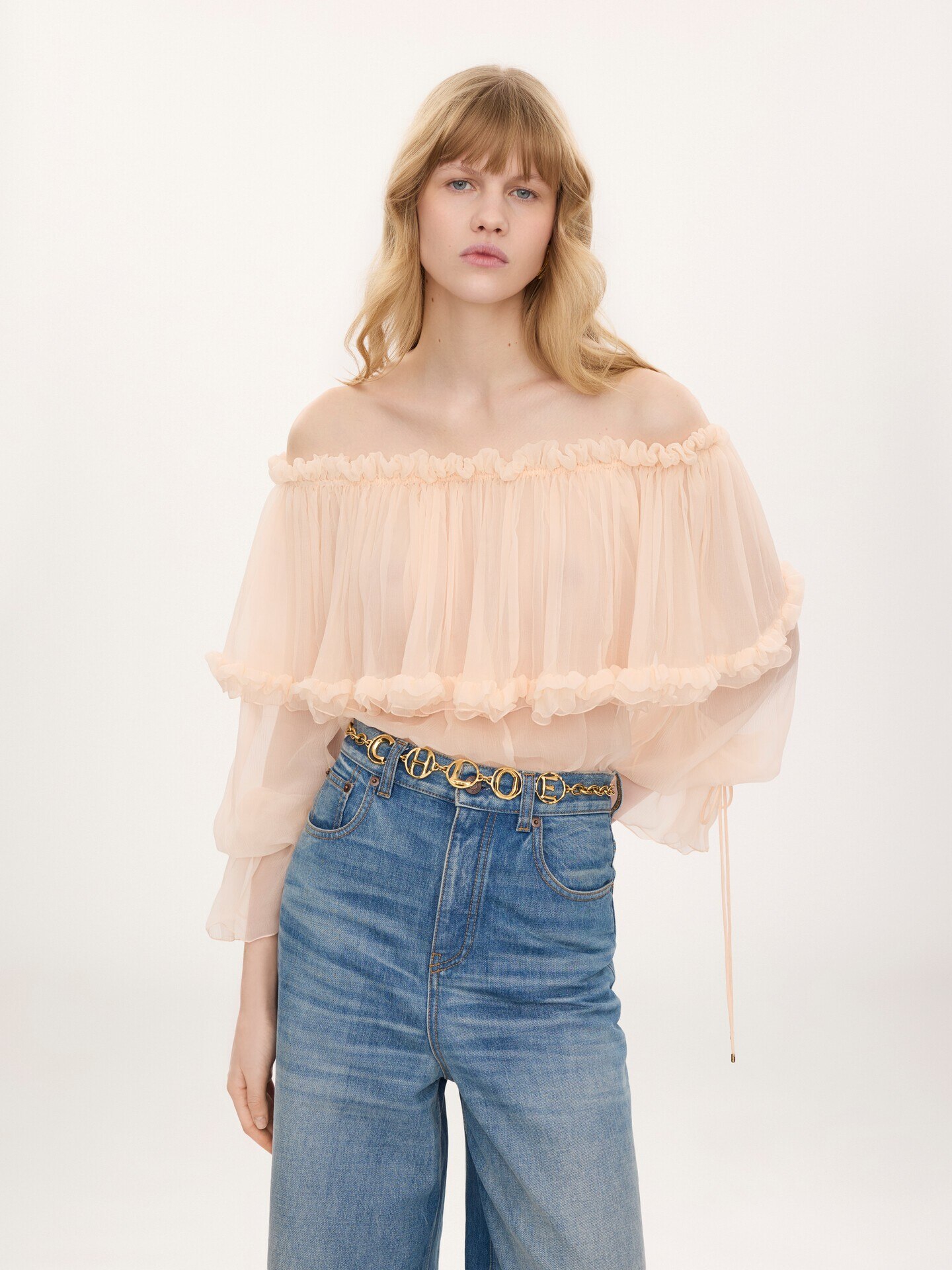 Off-the-shoulder puff-sleeve top in silk mousseline - 4