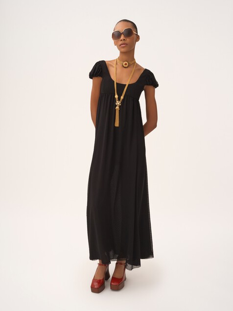 Puff-sleeve long dress in silk plumetis