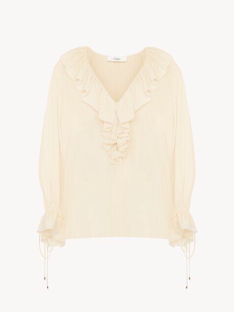 V-neck ruffle top in cr&ecirc;pe de chine