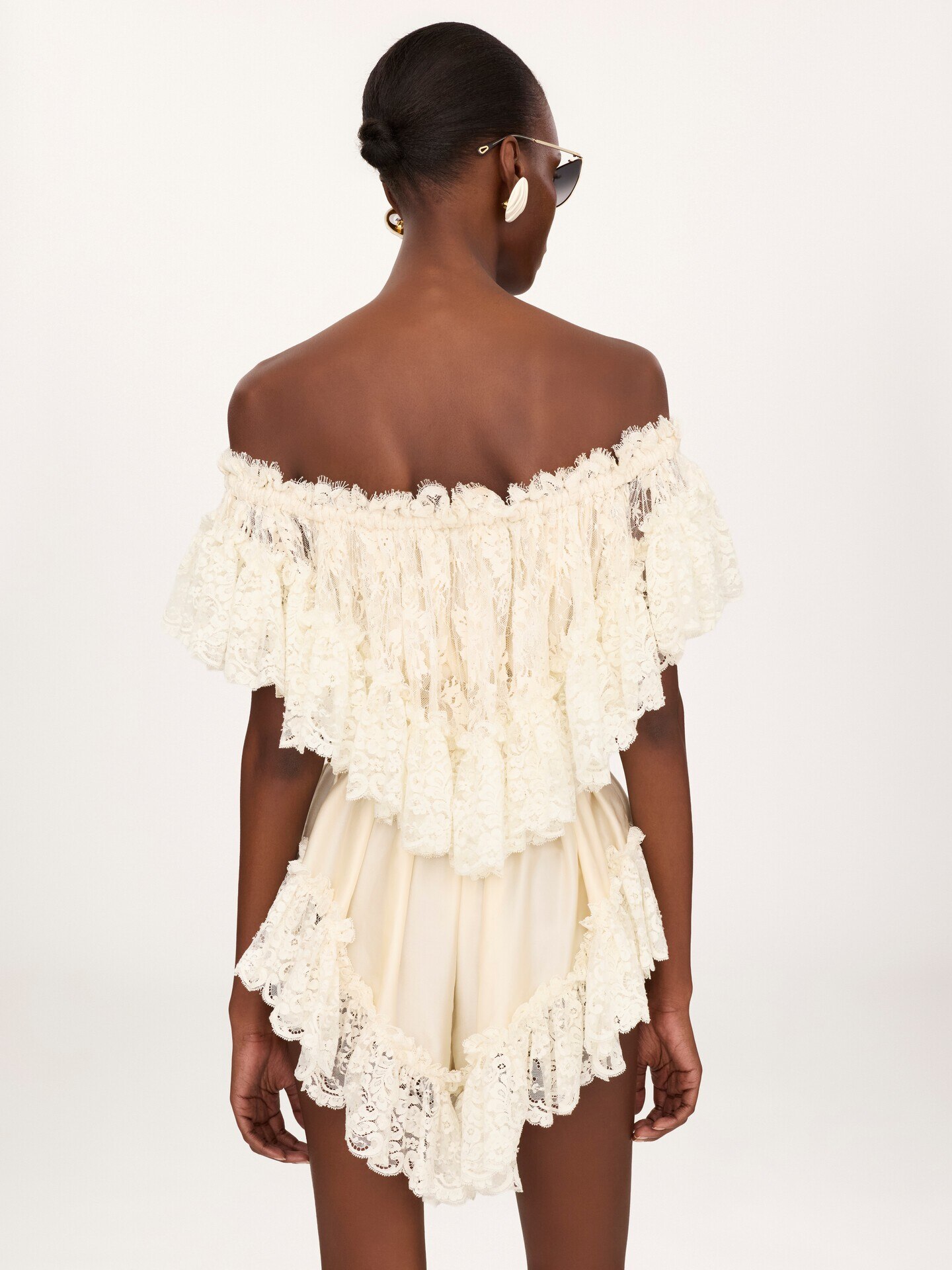 Off-the-shoulder mini jumpsuit in washed silk satin & lace - 5