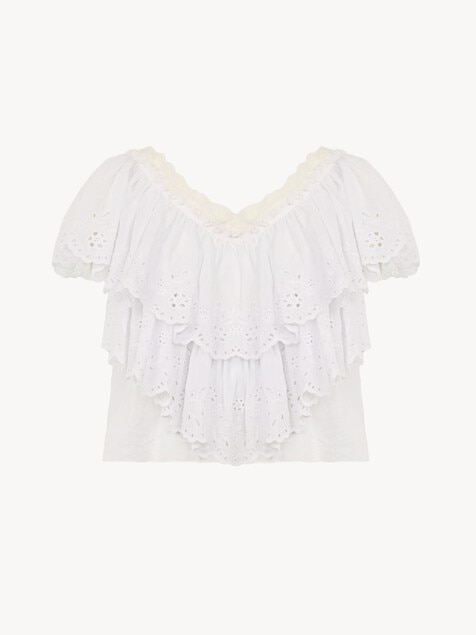 Cropped V-neck ruffle top in cotton voile & lace