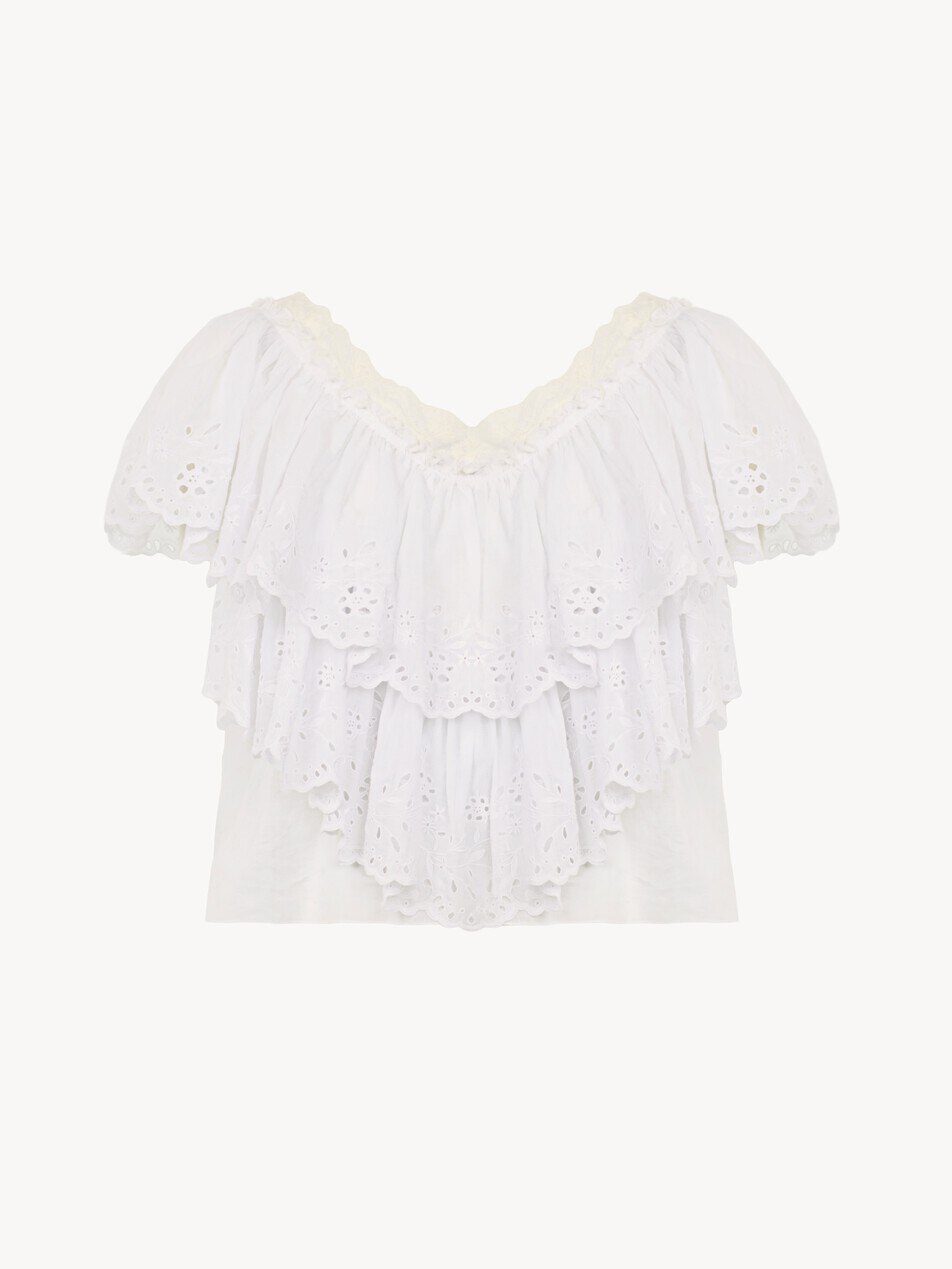 Cropped V-neck ruffle top in cotton voile & lace - Packshot