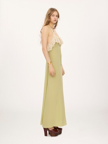 Thin-strap long dress in cr&ecirc;pe de chine & lace - 6