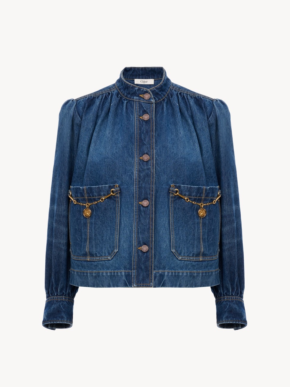 Geraffte Jacke aus Denim mit hochgeschlossenem Ausschnitt