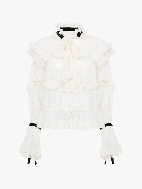 Tie-front ruffle top in silk mousseline & lace