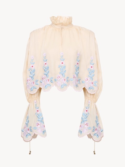 High-neck puff-sleeve top in technical taffeta