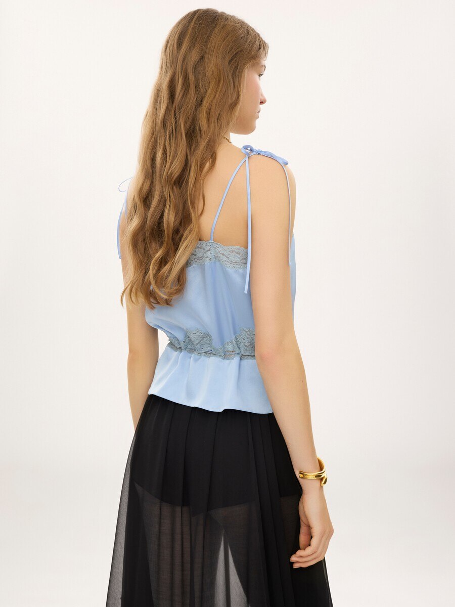 Drawstring camisole top in washed silk satin & lace - 7