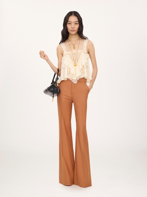Sleeveless ruffle top in washed silk satin & lace