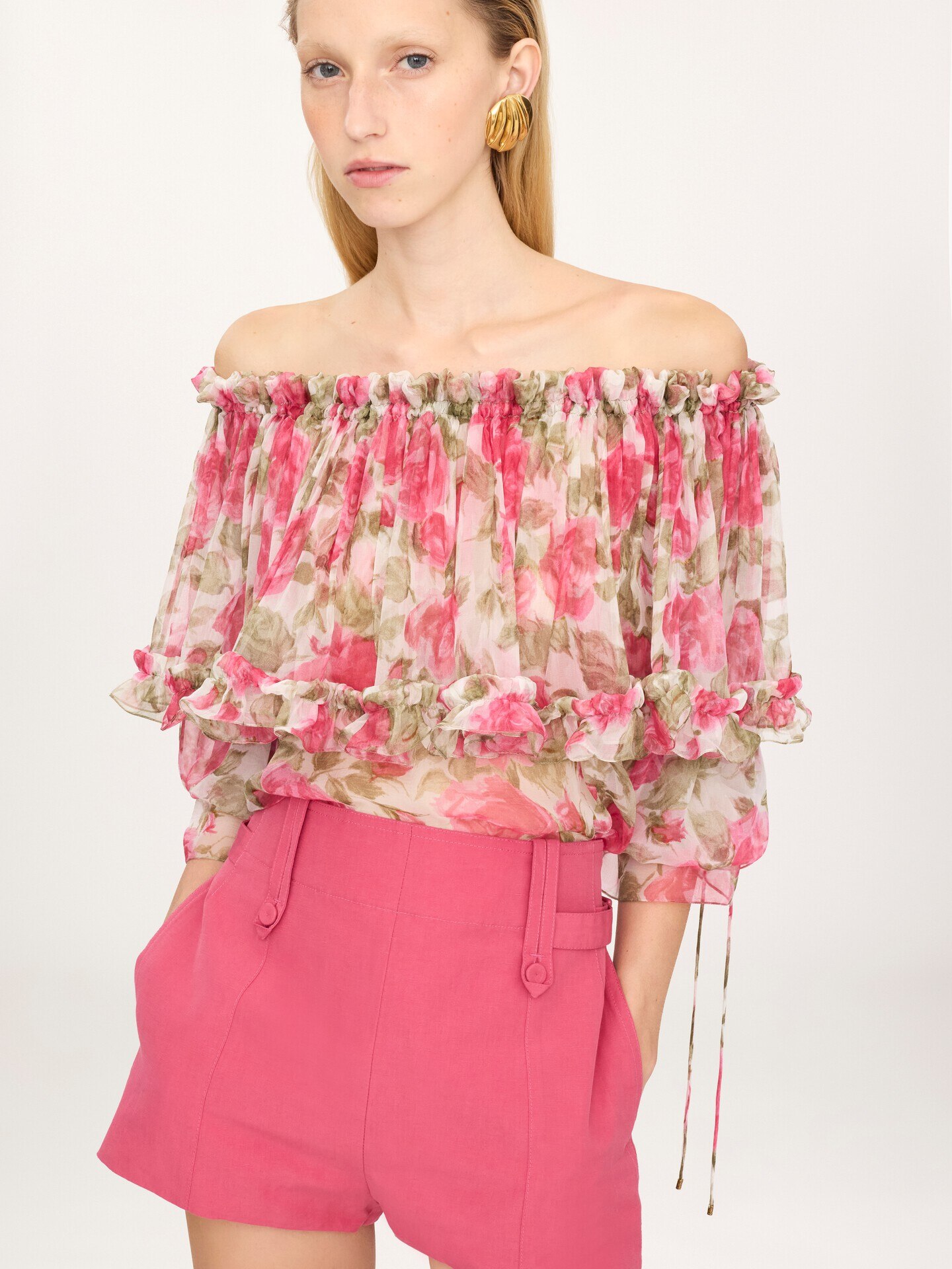 Off-the-shoulder puff-sleeve top in silk mousseline - 6
