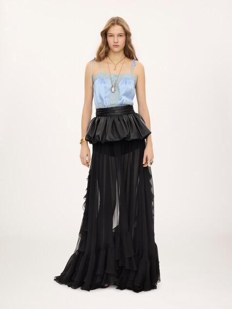 Drawstring camisole top in washed silk satin & lace