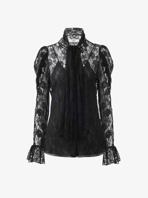 Puff-sleeve lavallière top in floral lace jacquard