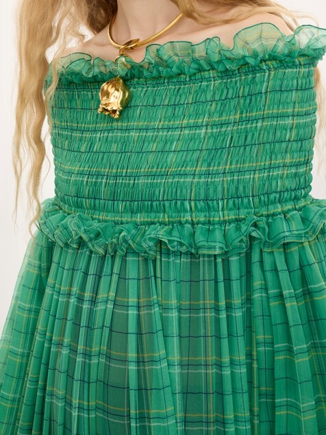 Off-the-shoulder long dress in check silk mousseline