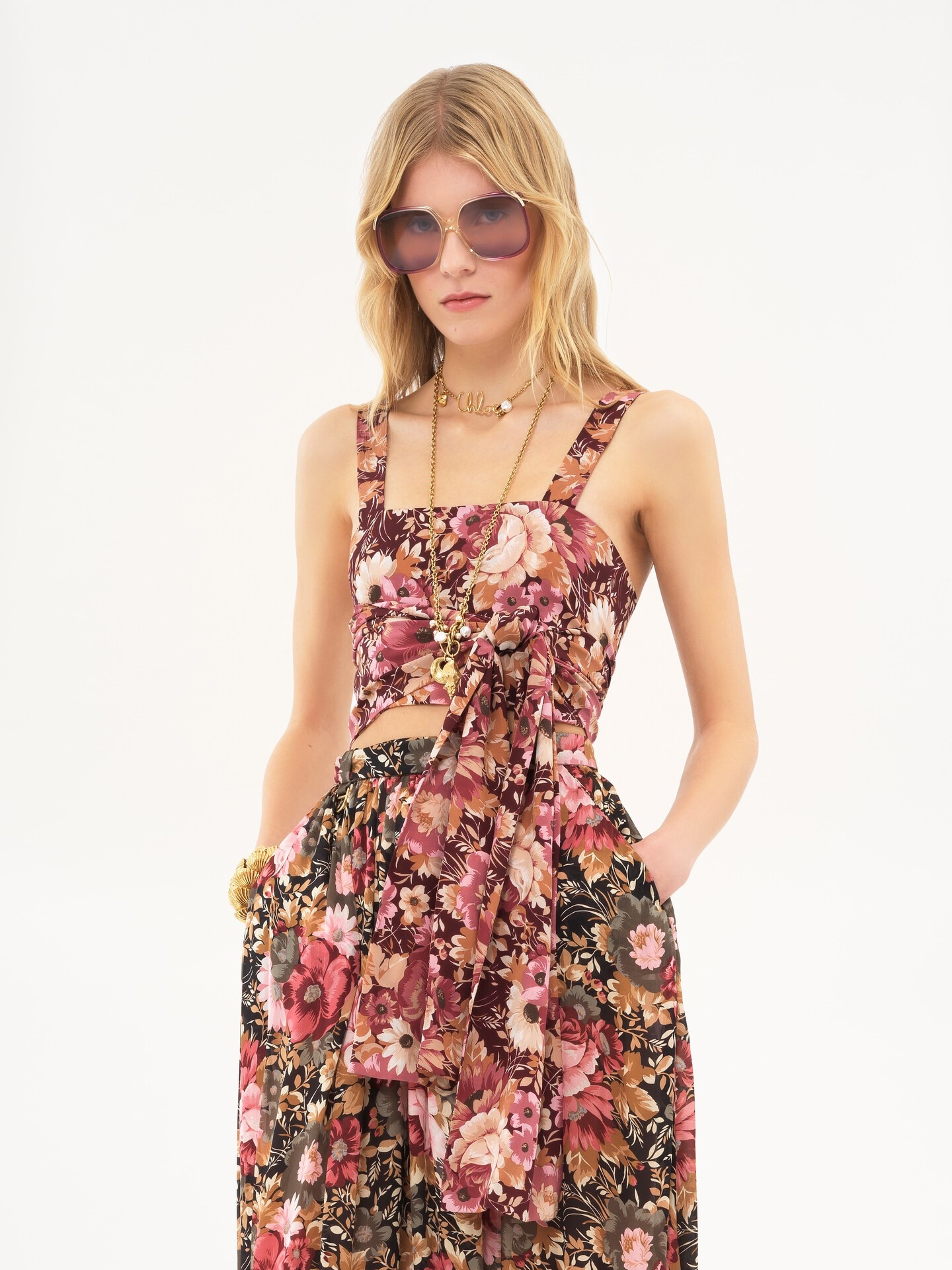 Cropped front-tie tank top in cr&ecirc;pe de chine - 5