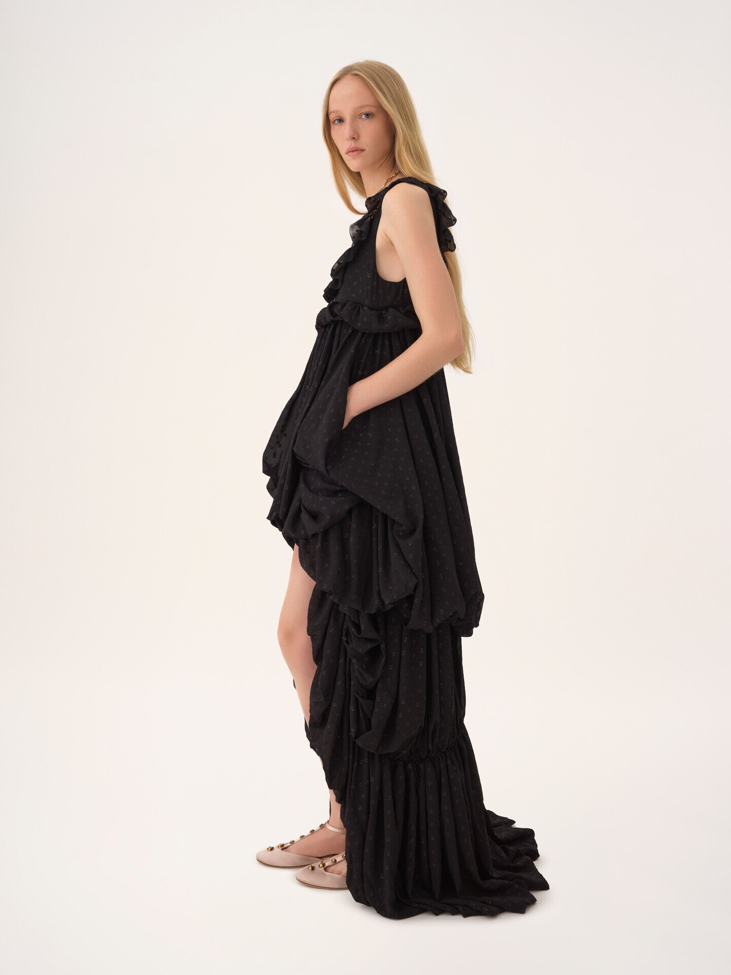 High-low sleeveless dress in silk georgette jacquard & lurex - 5