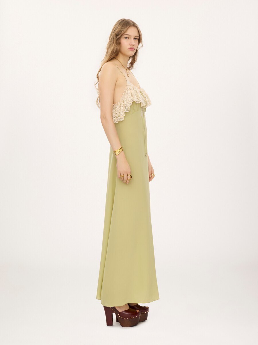 Thin-strap long dress in cr&ecirc;pe de chine & lace - 6