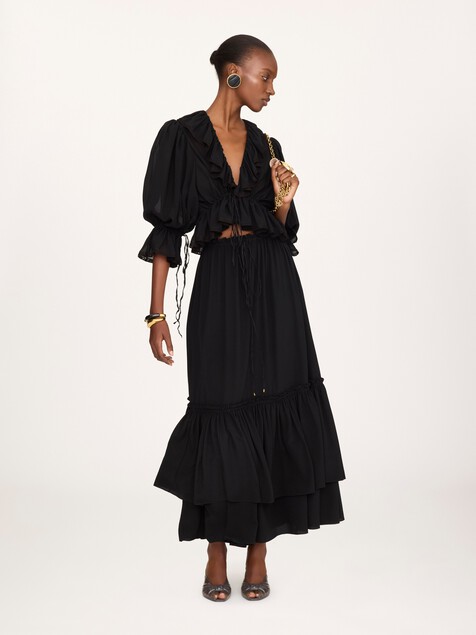 Ruffled long skirt in cr&ecirc;pe de chine