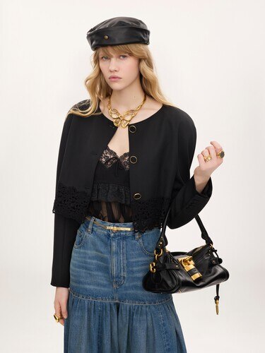 Veste courte sans col en laine grain de poudre et dentelle - 4