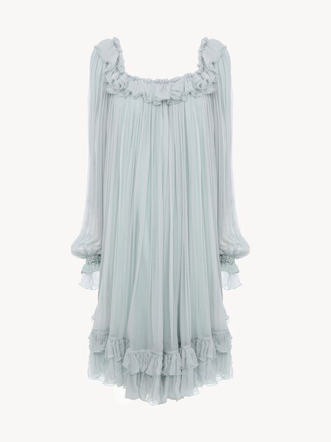 Gathered mini dress in silk mousseline