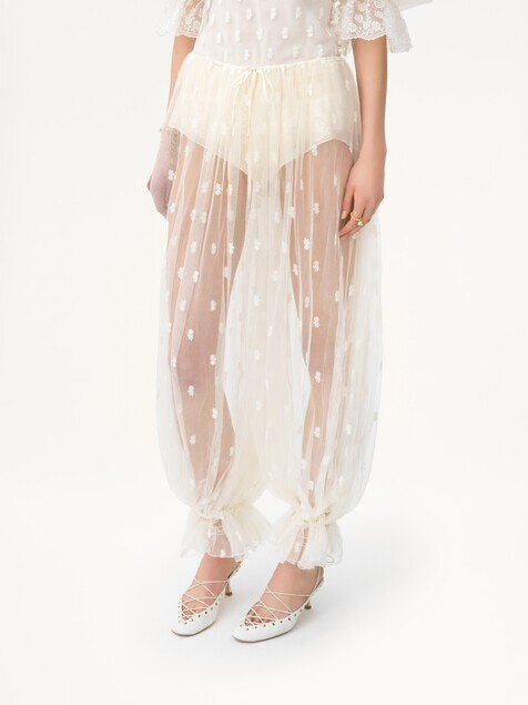 Drawstring pants in embroidered lace