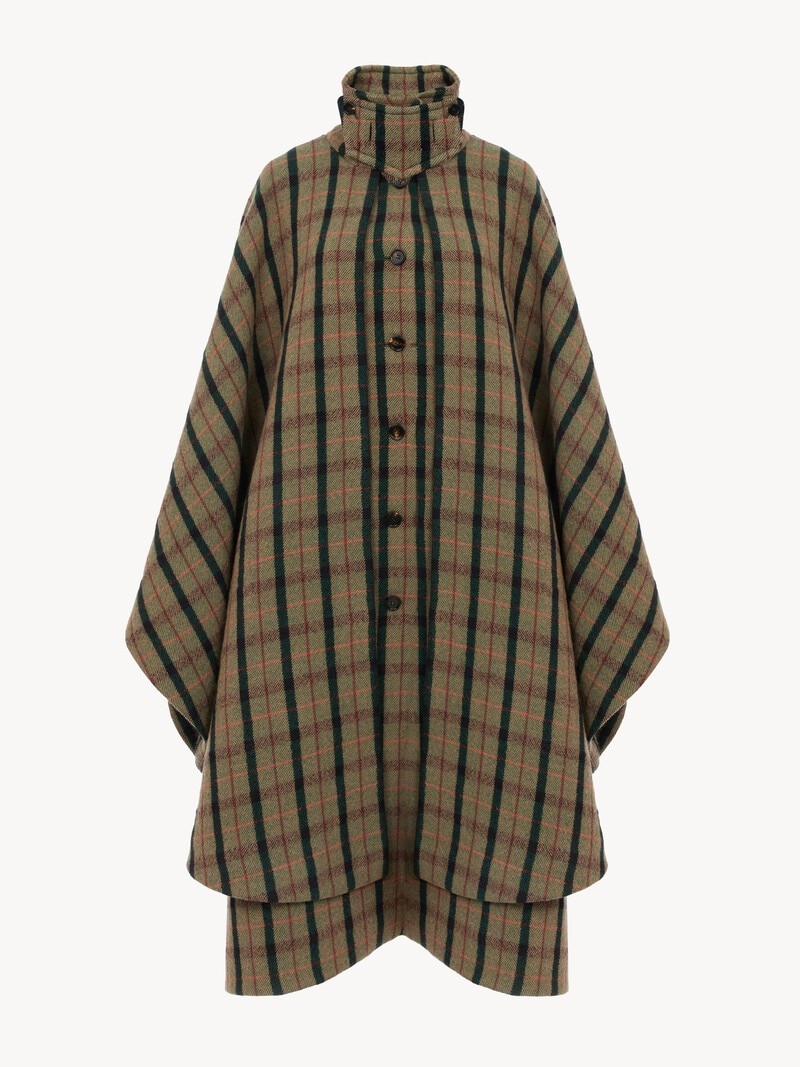 Layered long cape coat in brushed check wool by Chloé