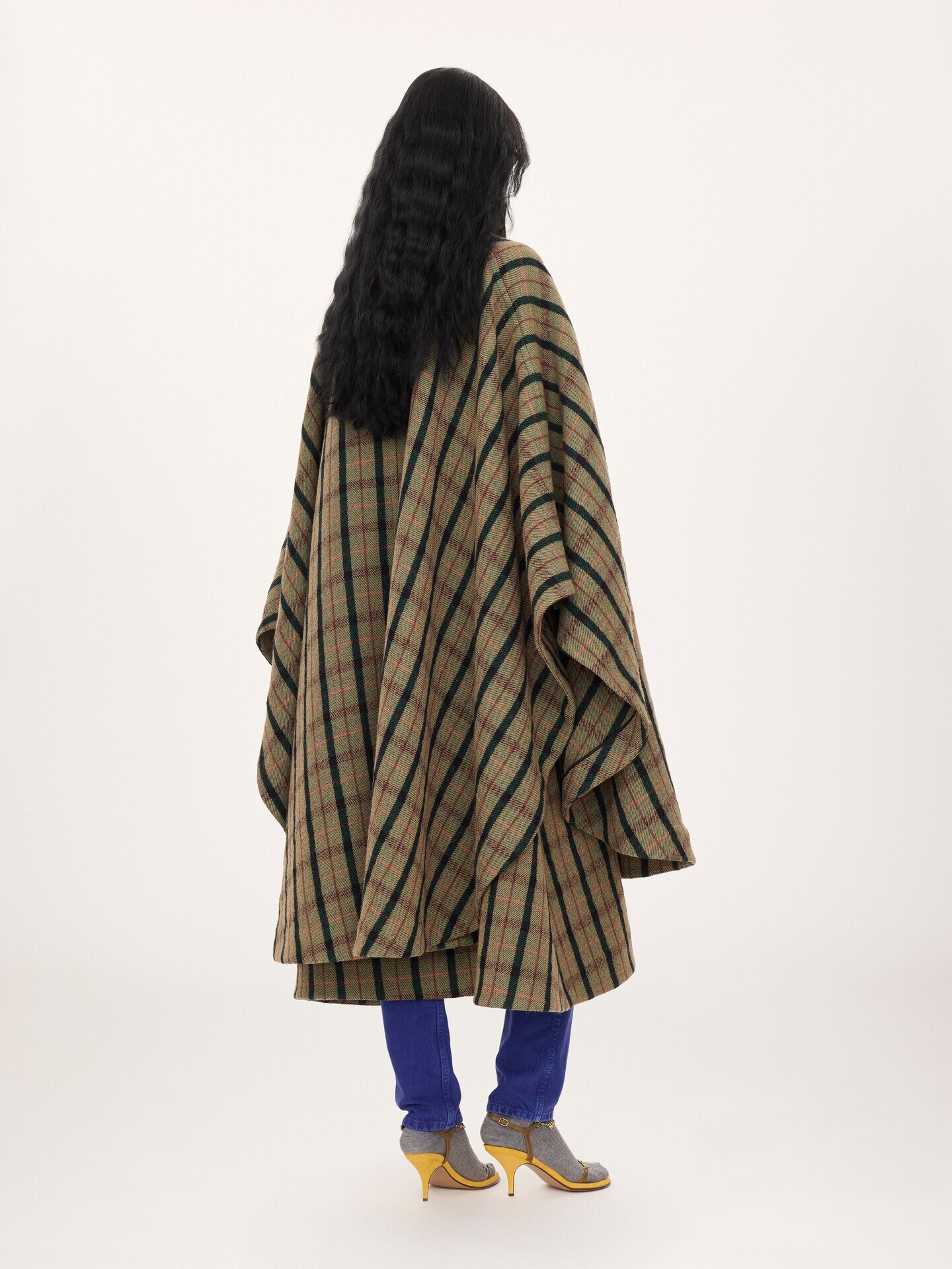 Layered long cape coat in brushed check wool - 4.0