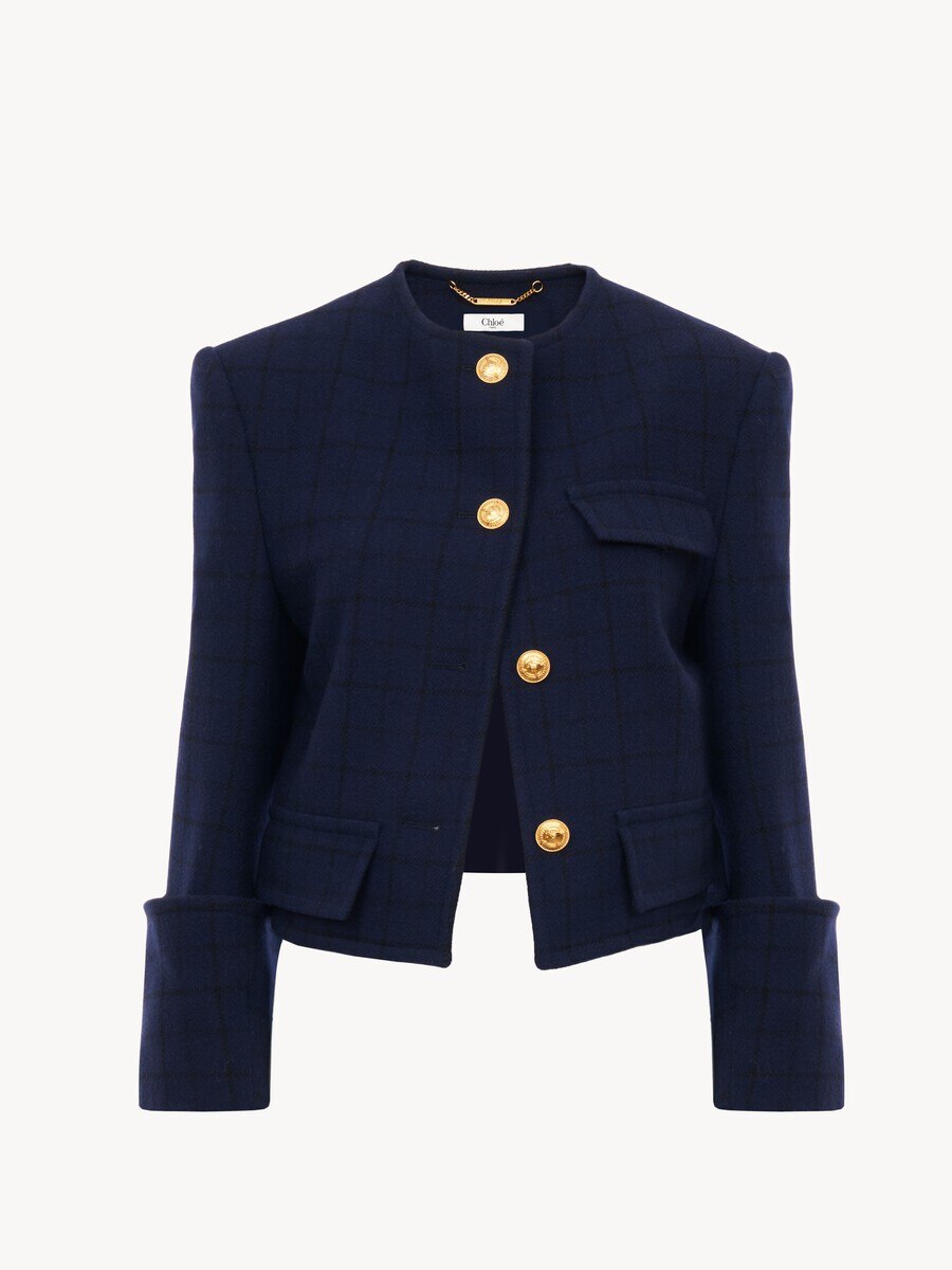Boxy collarless jacket in wool check - 2