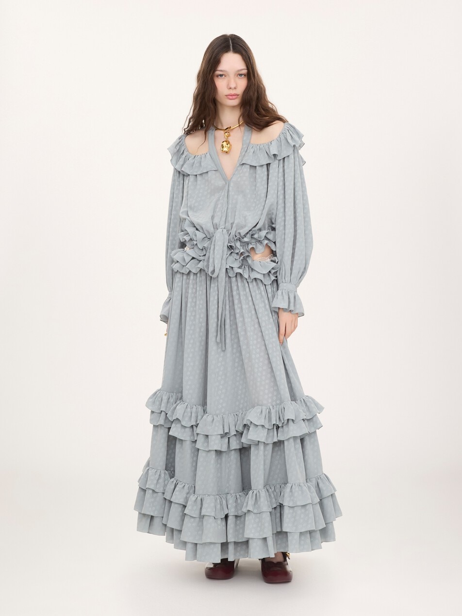 Cut-out long ruffled dress in silk jacquard