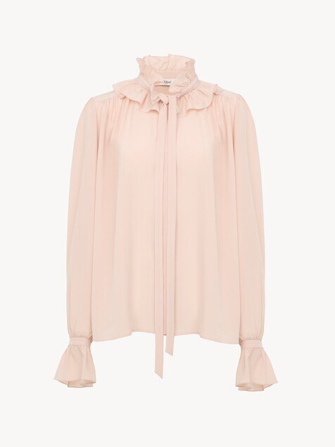 Tie-front ruffled blouse in cr&ecirc;pe de chine