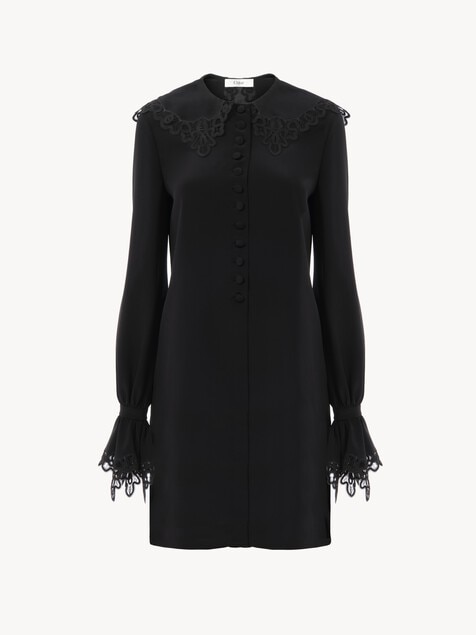 Lang&auml;rmeliges Minikleid aus Cr&ecirc;pe de Chine und Spitze