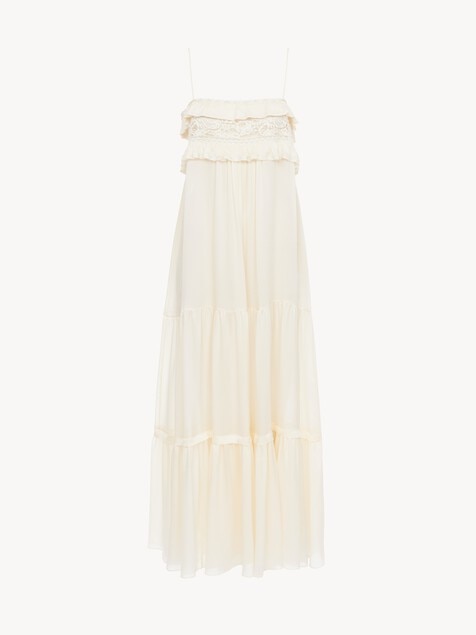 Sleeveless long dress in silk charmeuse