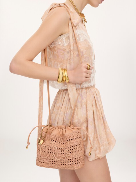 Mini Summer Banana drawstring shoulder bag in raffia