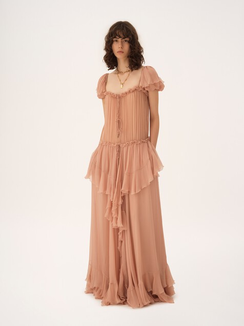 Gathered long ruffled dress in silk mousseline