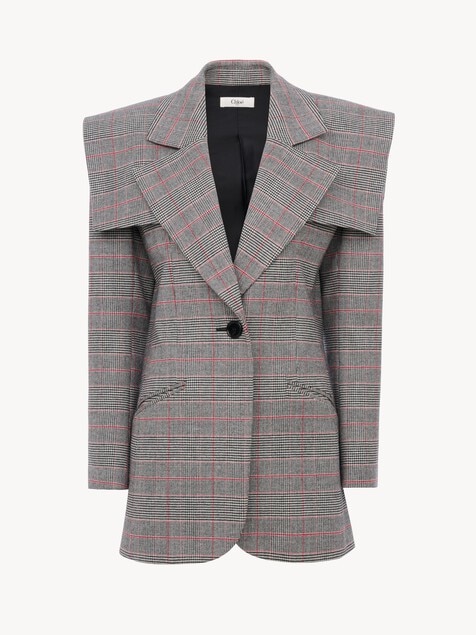 Veste blazer droite en laine prince-de-galles