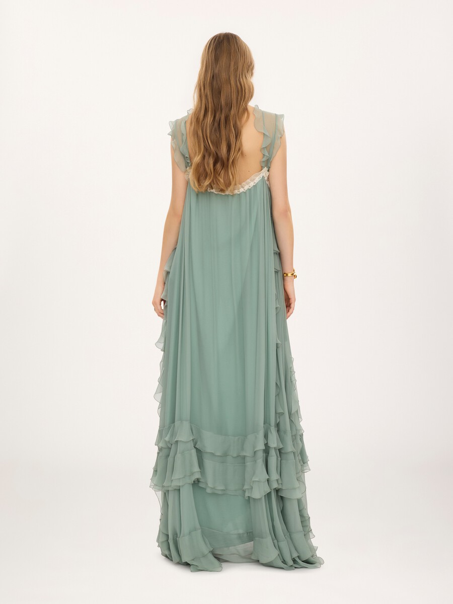 Sleeveless layered long dress in silk mousseline & lace - 4