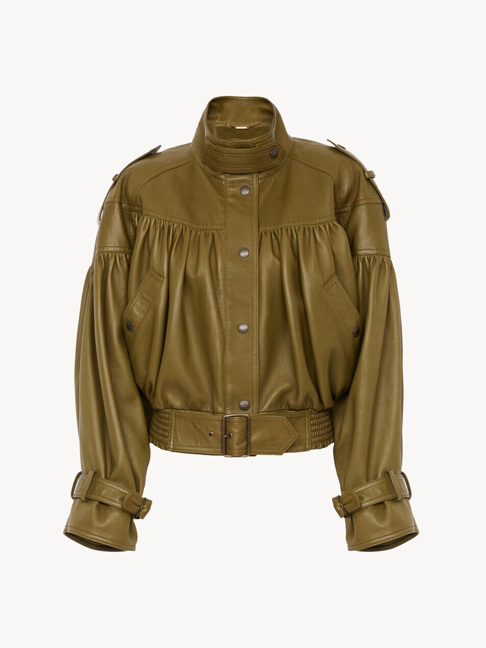 High-neck cropped jacket in leather