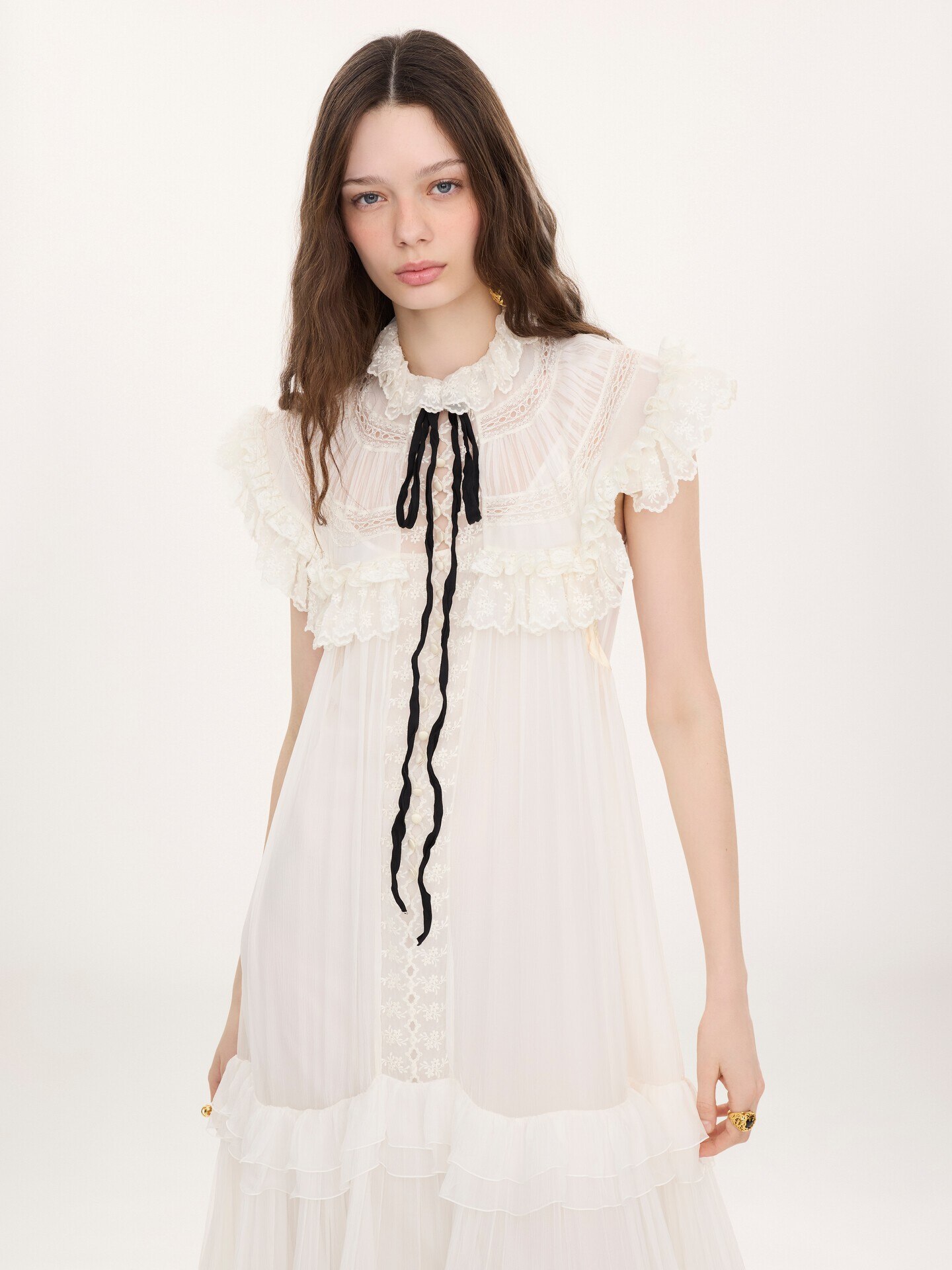 Tie-front ruffled long dress in silk mousseline & lace - 3.0