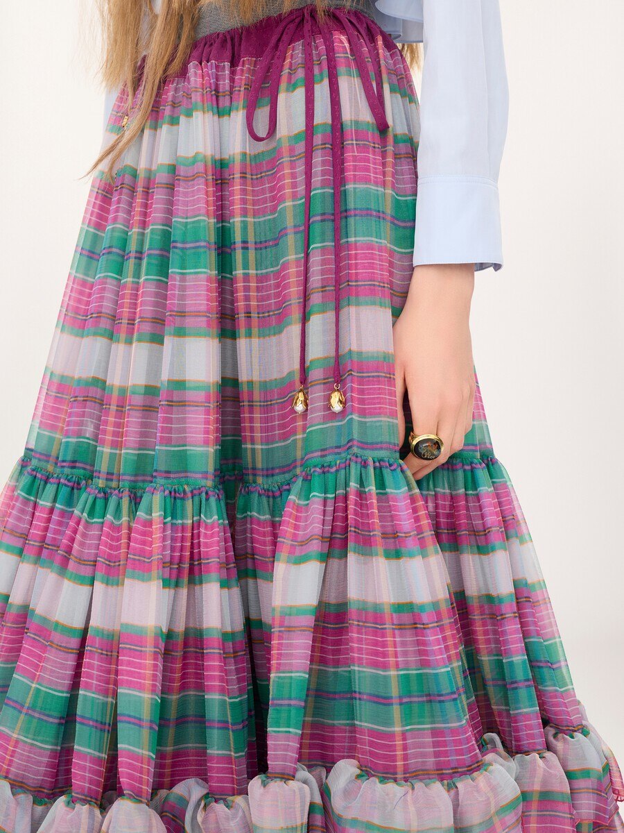 Ruffled long skirt in check silk mousseline - 8