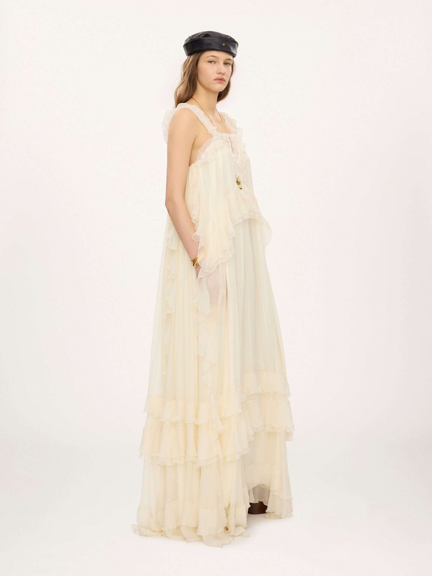 Sleeveless layered long dress in silk mousseline & lace - 5