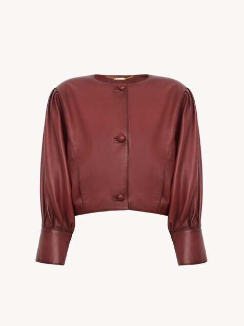 Cropped collarless jacket in leather