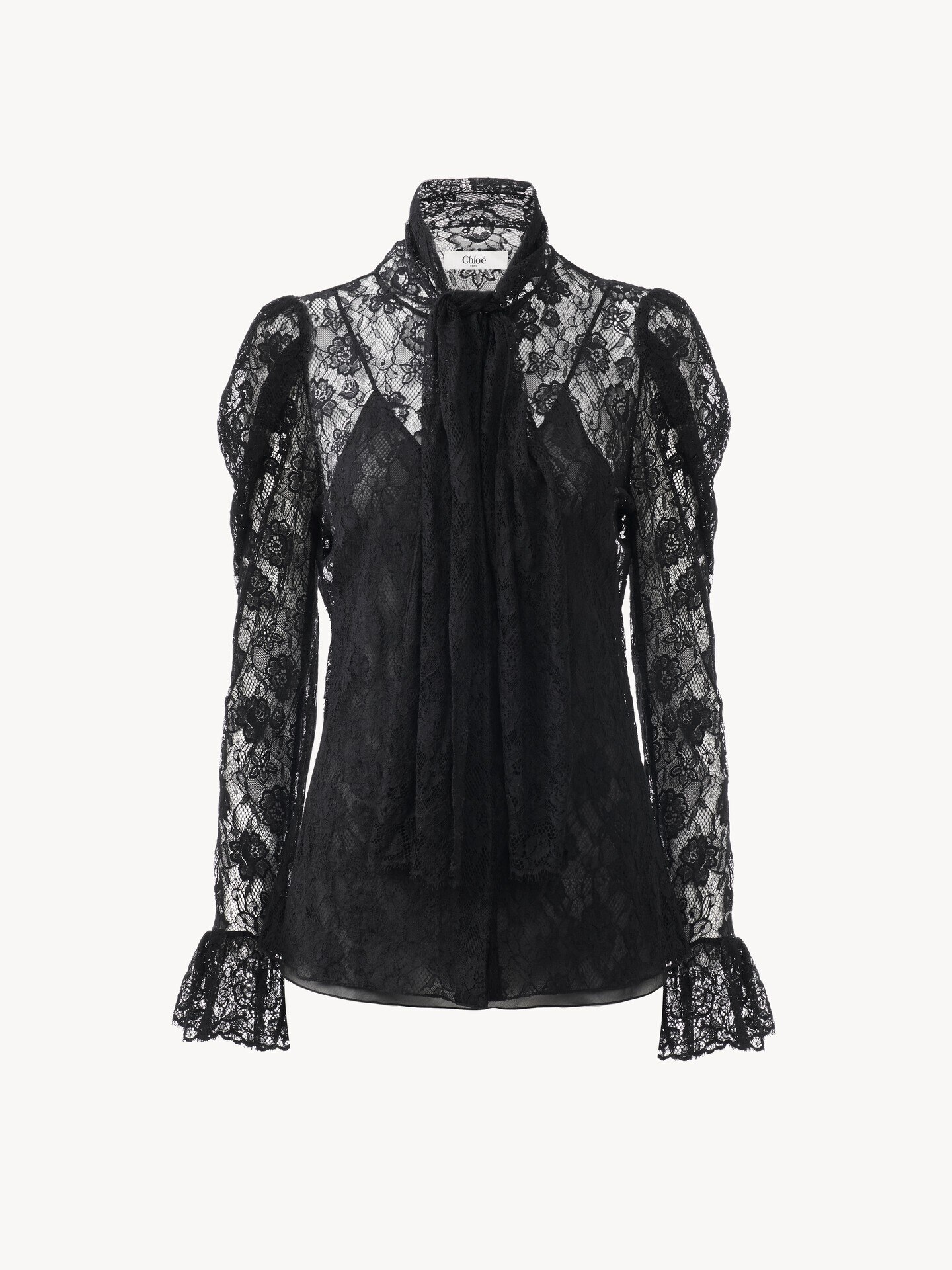 Puff-sleeve lavalli&egrave;re top in floral lace jacquard - 1