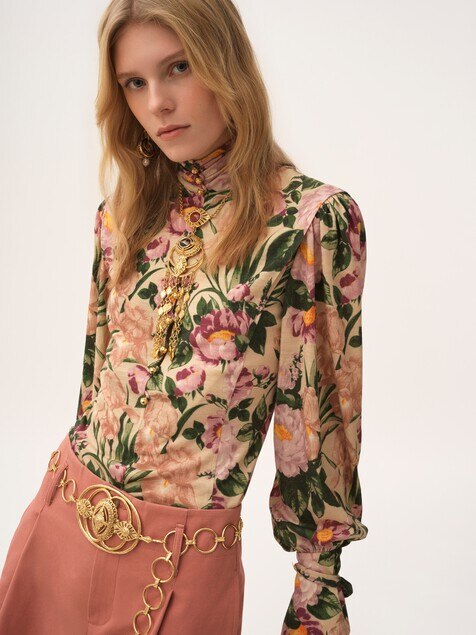 Buttoned mock-neck top in wool jersey