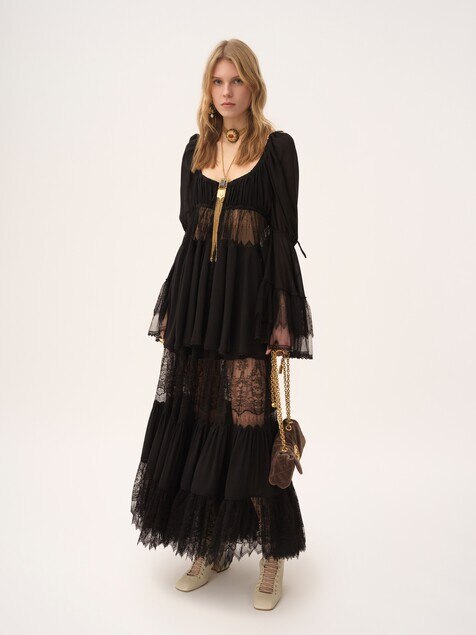 Tiered long skirt in silk georgette & lace