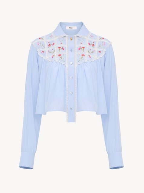 Cropped blouse in silk, cotton poplin & lace