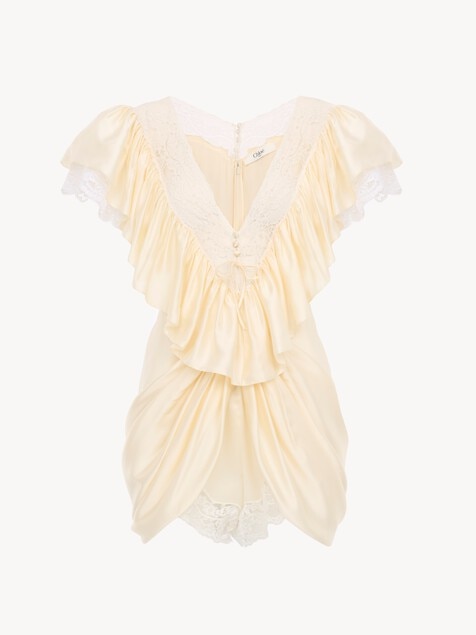 Short V-neck jumpsuit in washed silk satin & lace