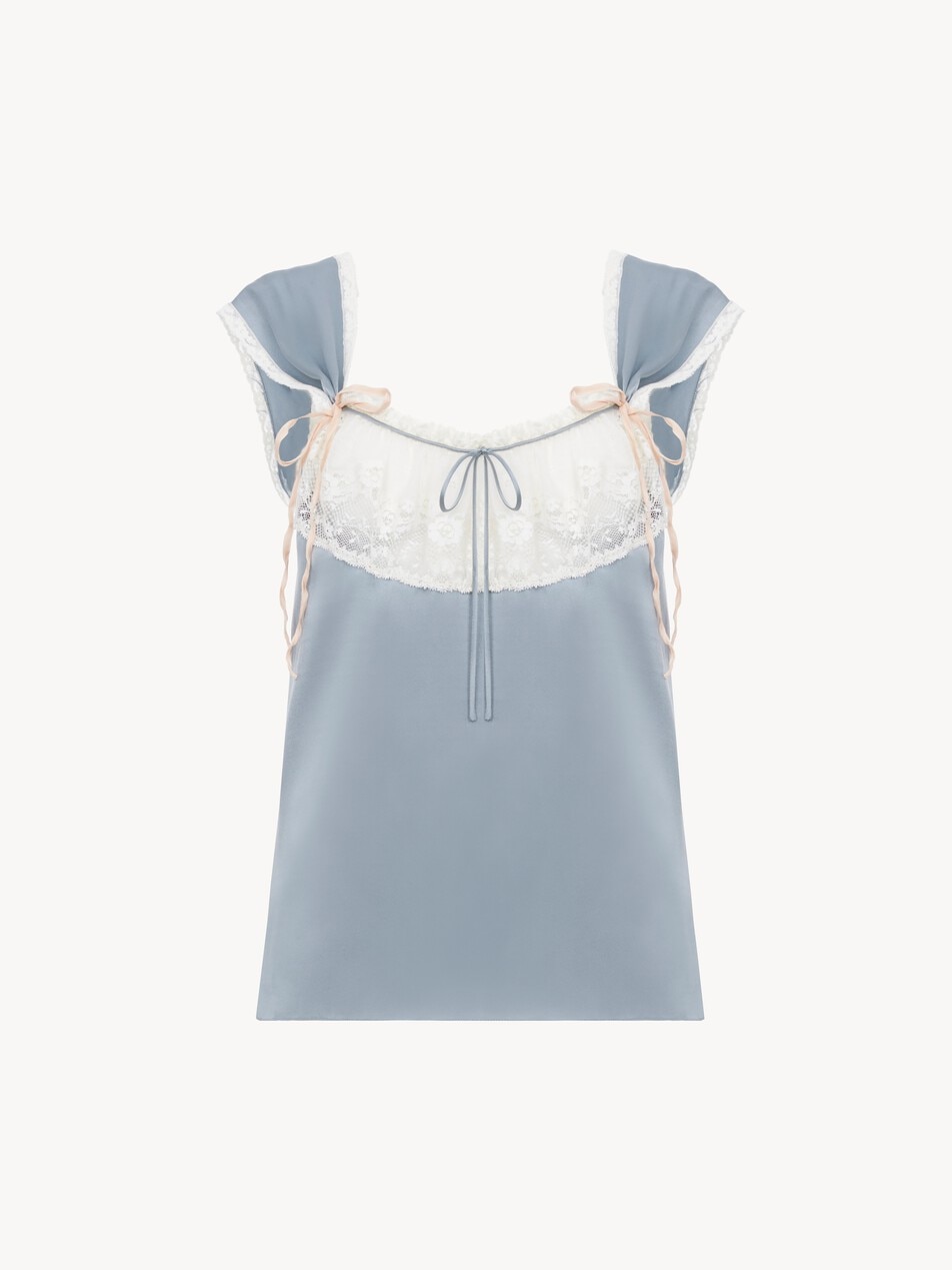Fluid lingerie top in washed silk satin & lace