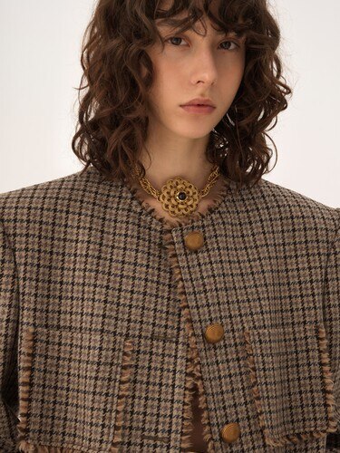 Single-breasted collarless coat in houndstooth wool - 6
