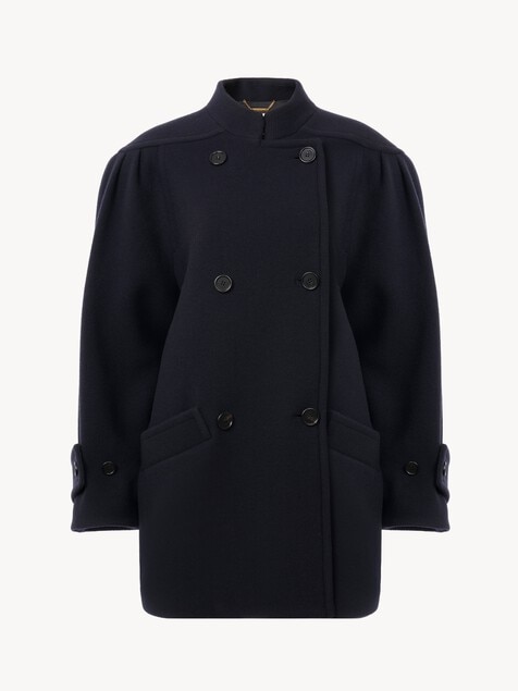 High-neck double-breasted coat in wool