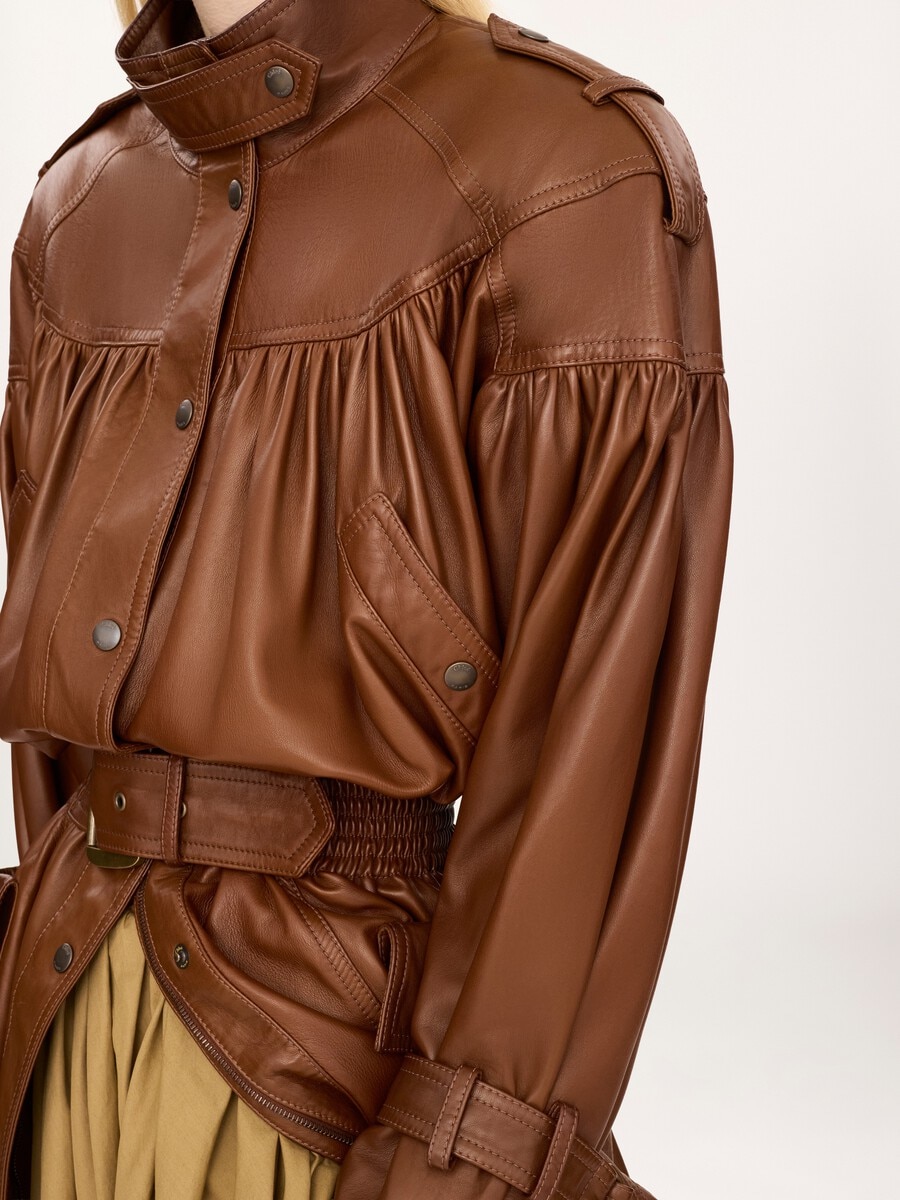 High-neck puff-sleeve coat in leather - 7